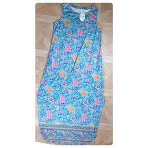 Hount Womens Floral Sleeveless Maxi Dress Turquoise Blue Pink Boho Medium NEW